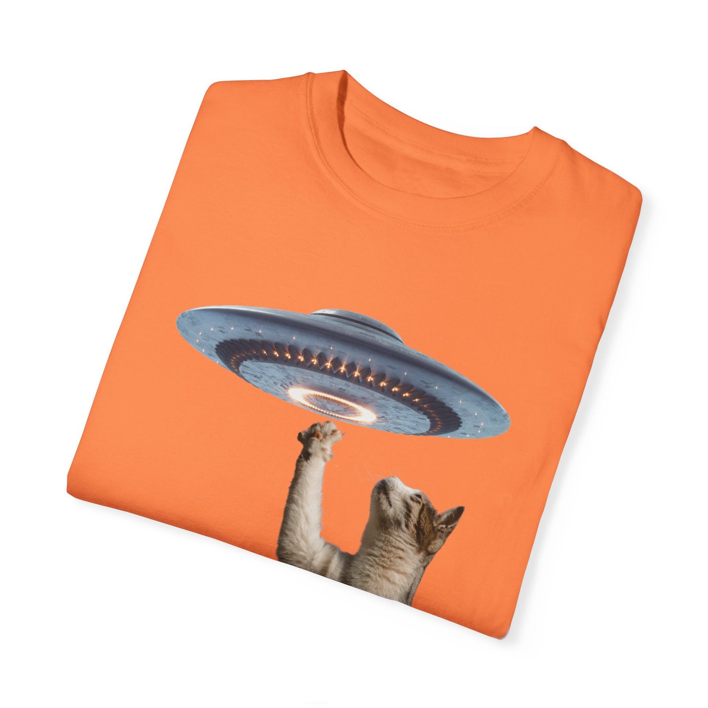 Whimsical Cat UFO Unisex T-Shirt, Playful Tee for Cat Lovers, Fun Gift for Pet Owners, Quirky Graphic T-Shirt, Unique Alien Cat Apparel