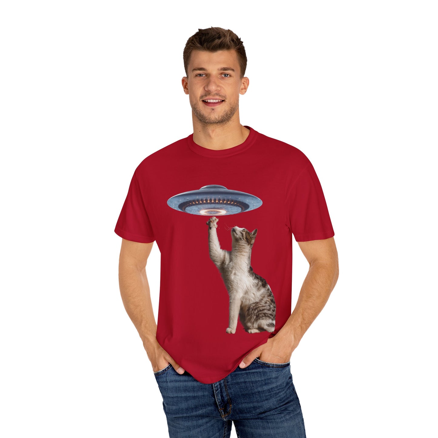 Whimsical Cat UFO Unisex T-Shirt, Playful Tee for Cat Lovers, Fun Gift for Pet Owners, Quirky Graphic T-Shirt, Unique Alien Cat Apparel