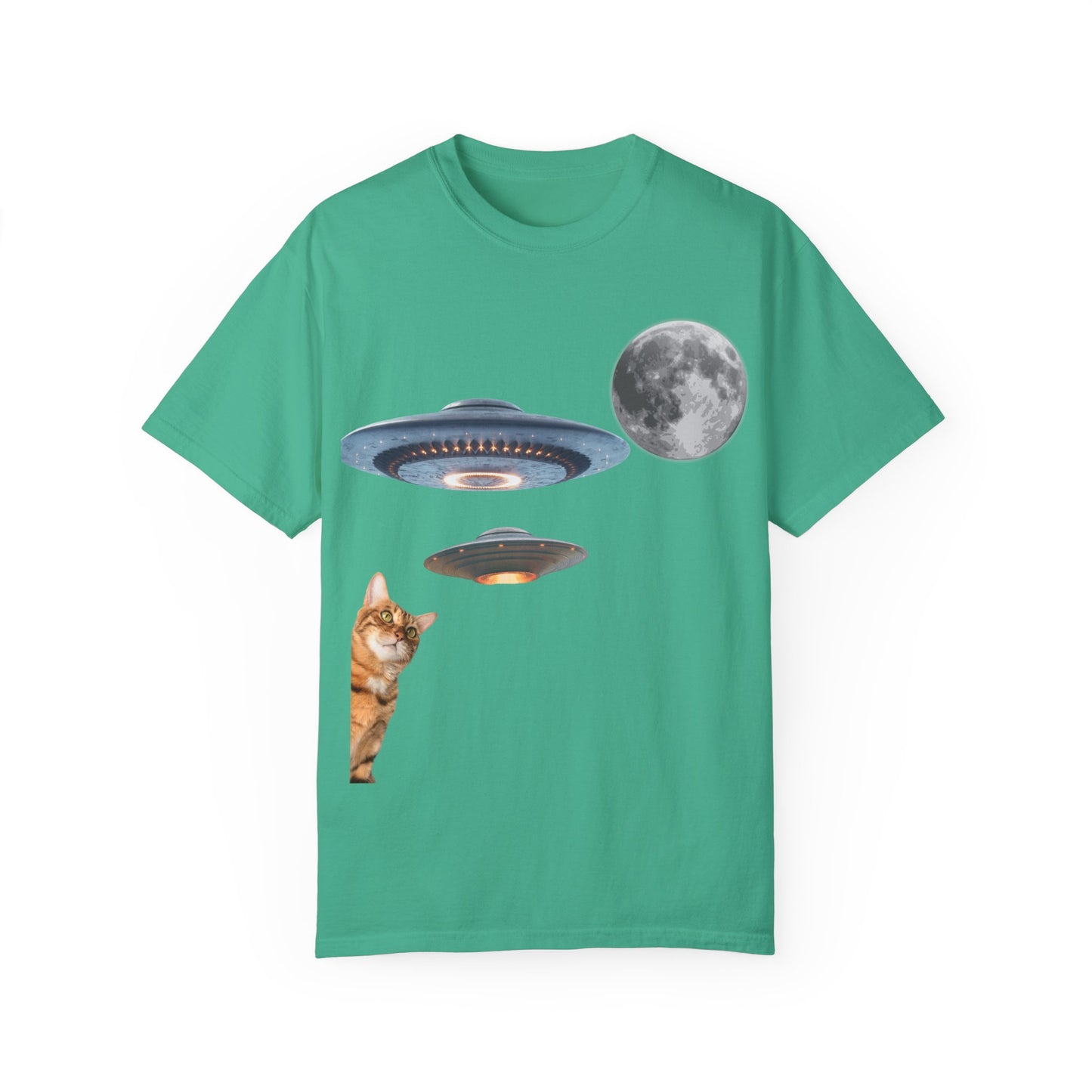 Whimsical Cat & UFO T-Shirt, Fun Unisex Tee for Cat Lovers, Space Enthusiasts, Gift for Birthdays, Halloween, and Pet Parties