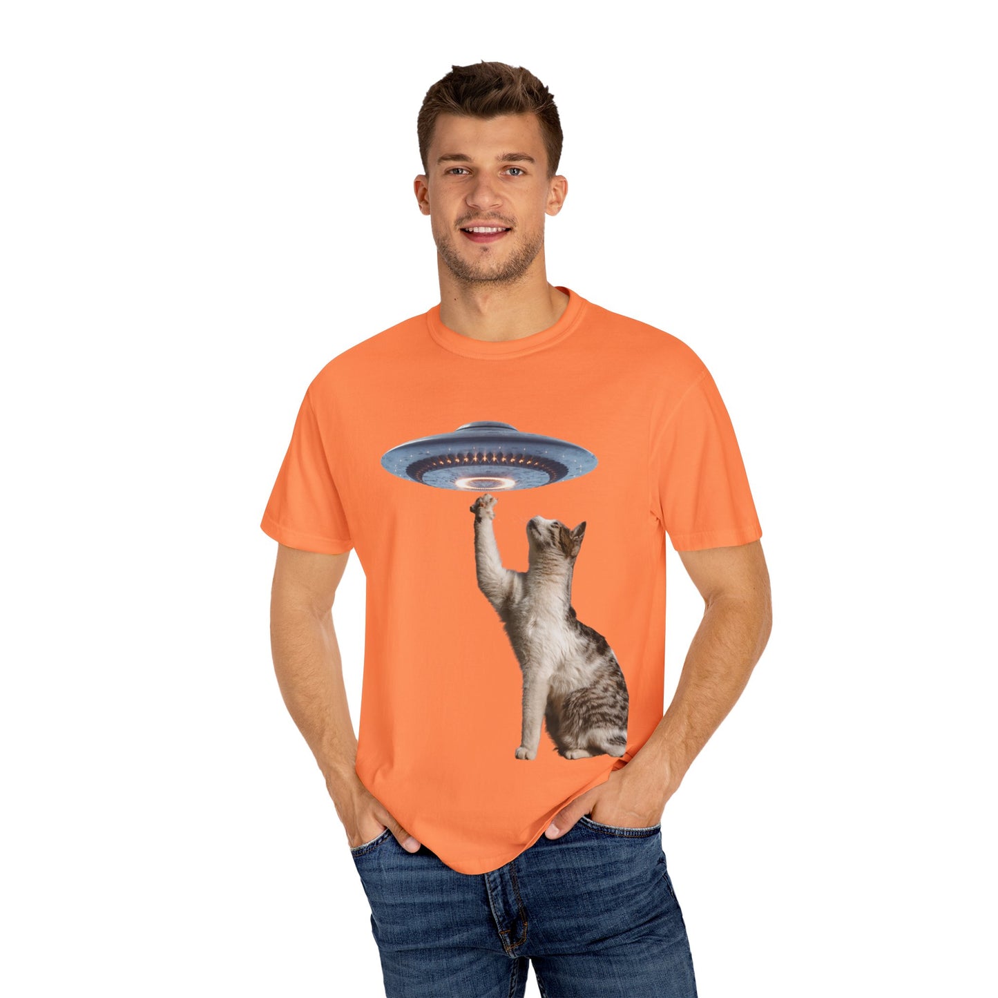 Whimsical Cat UFO Unisex T-Shirt, Playful Tee for Cat Lovers, Fun Gift for Pet Owners, Quirky Graphic T-Shirt, Unique Alien Cat Apparel