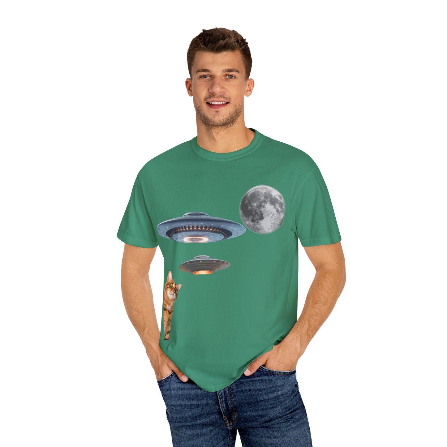 Whimsical Cat & UFO T-Shirt, Fun Unisex Tee for Cat Lovers, Space Enthusiasts, Gift for Birthdays, Halloween, and Pet Parties