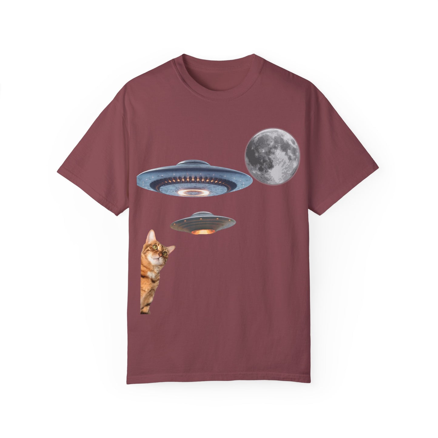 Whimsical Cat & UFO T-Shirt, Fun Unisex Tee for Cat Lovers, Space Enthusiasts, Gift for Birthdays, Halloween, and Pet Parties