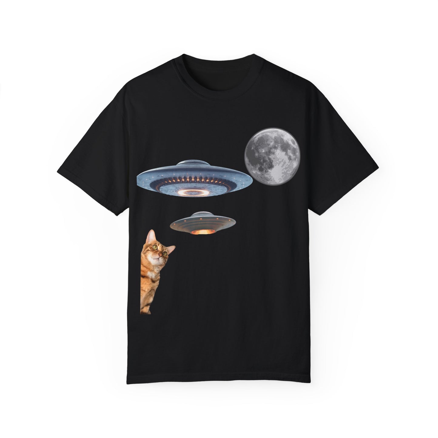 Whimsical Cat & UFO T-Shirt, Fun Unisex Tee for Cat Lovers, Space Enthusiasts, Gift for Birthdays, Halloween, and Pet Parties