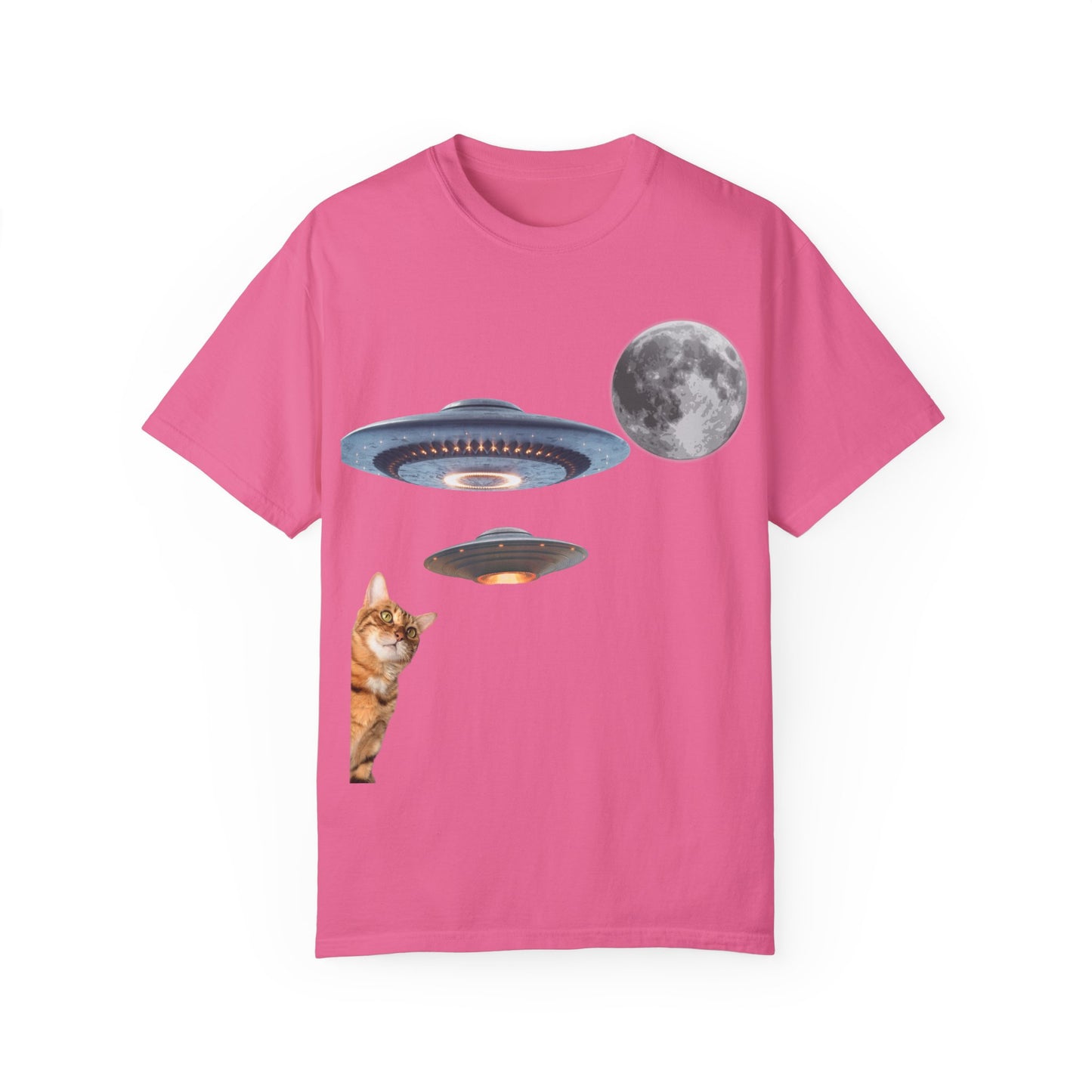 Whimsical Cat & UFO T-Shirt, Fun Unisex Tee for Cat Lovers, Space Enthusiasts, Gift for Birthdays, Halloween, and Pet Parties