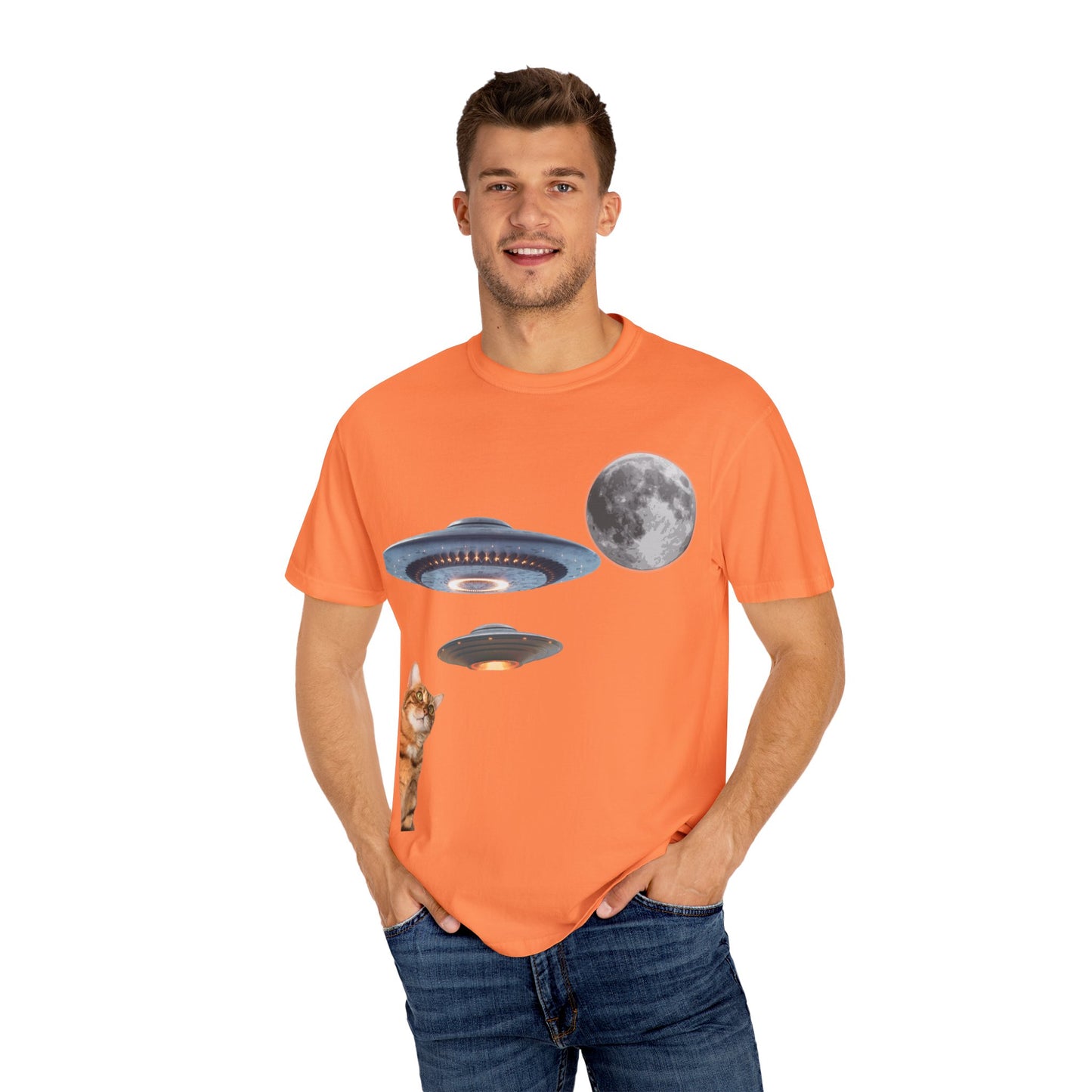 Whimsical Cat & UFO T-Shirt, Fun Unisex Tee for Cat Lovers, Space Enthusiasts, Gift for Birthdays, Halloween, and Pet Parties