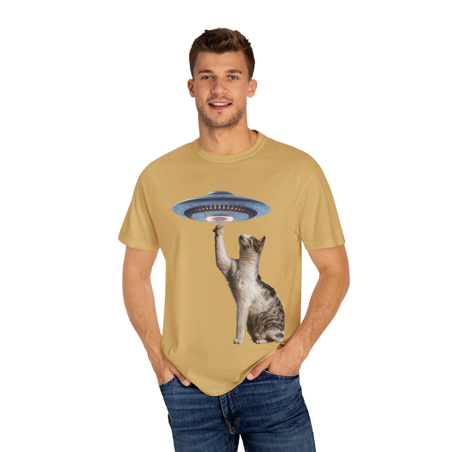 Whimsical Cat UFO Unisex T-Shirt, Playful Tee for Cat Lovers, Fun Gift for Pet Owners, Quirky Graphic T-Shirt, Unique Alien Cat Apparel