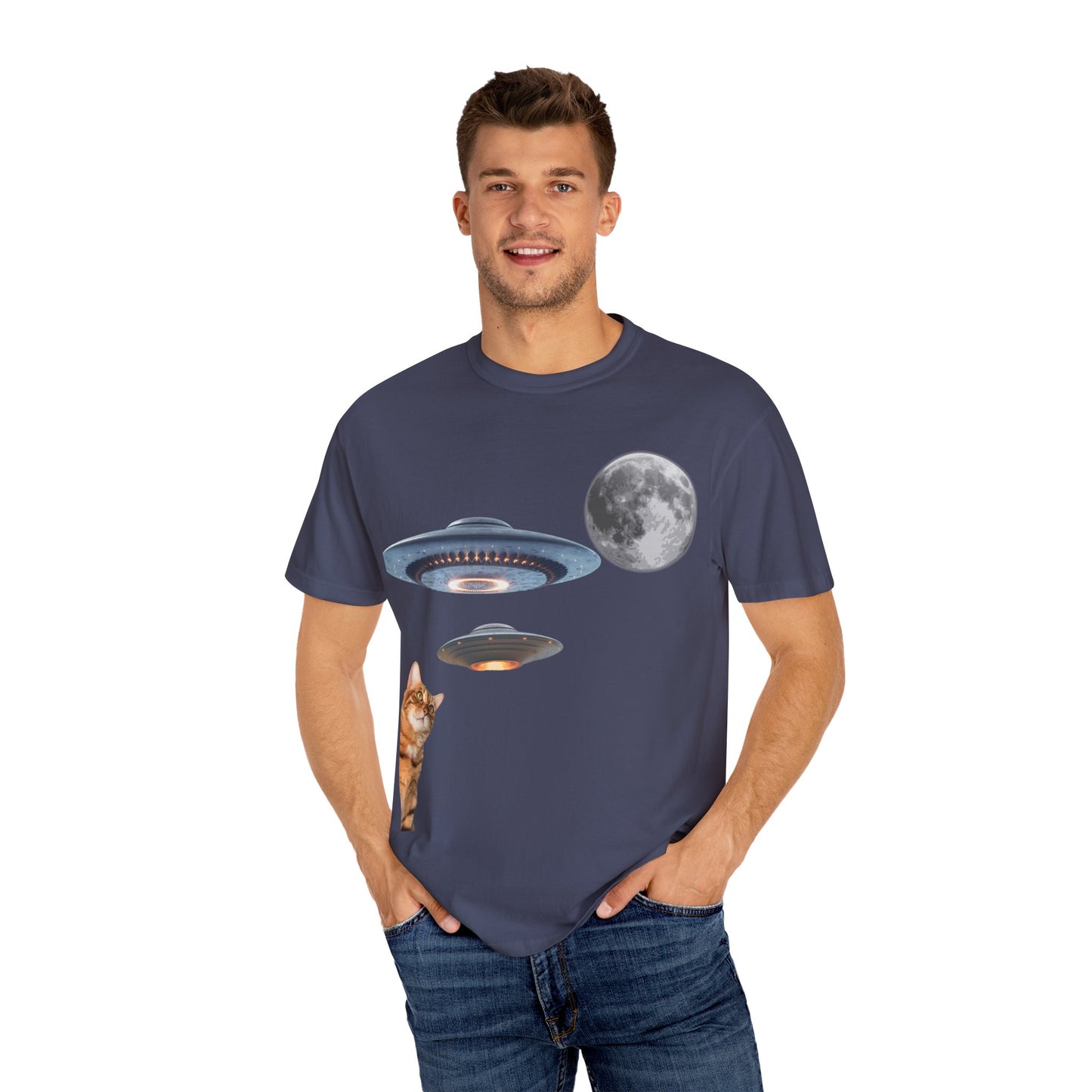 Whimsical Cat & UFO T-Shirt, Fun Unisex Tee for Cat Lovers, Space Enthusiasts, Gift for Birthdays, Halloween, and Pet Parties