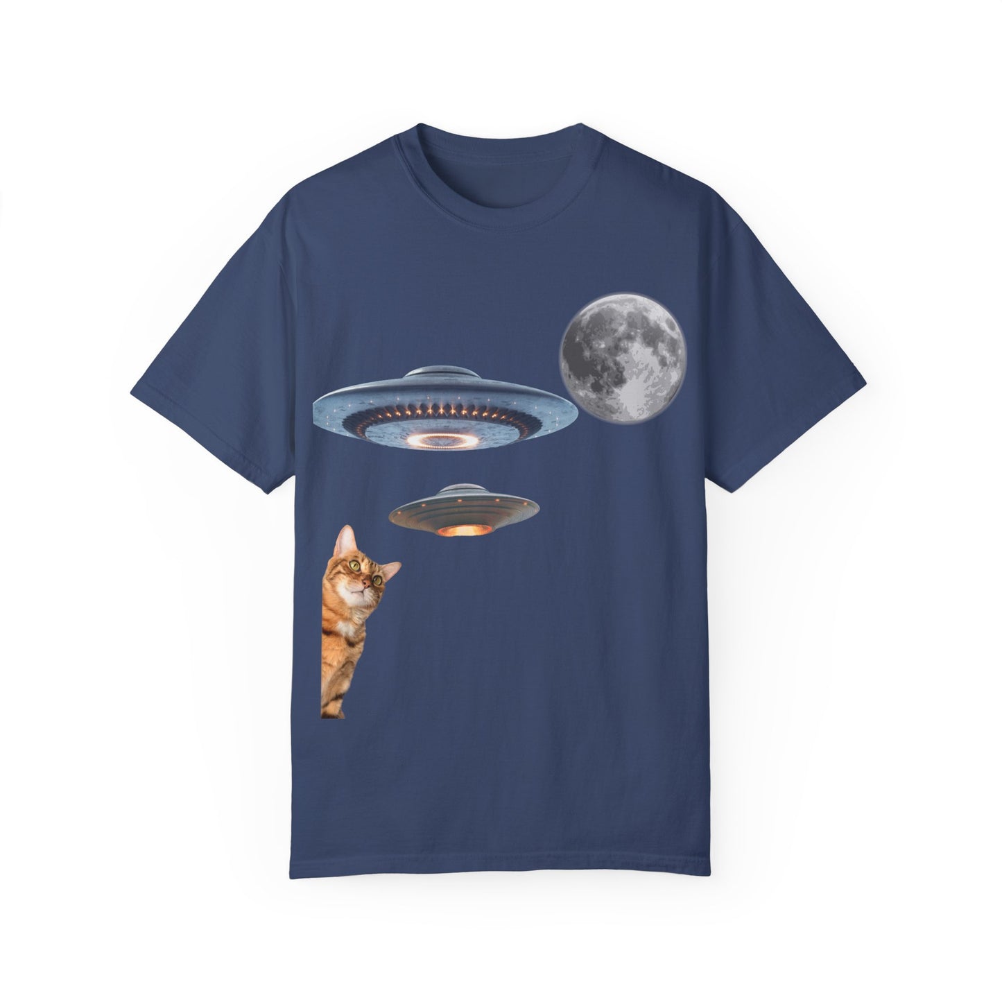 Whimsical Cat & UFO T-Shirt, Fun Unisex Tee for Cat Lovers, Space Enthusiasts, Gift for Birthdays, Halloween, and Pet Parties