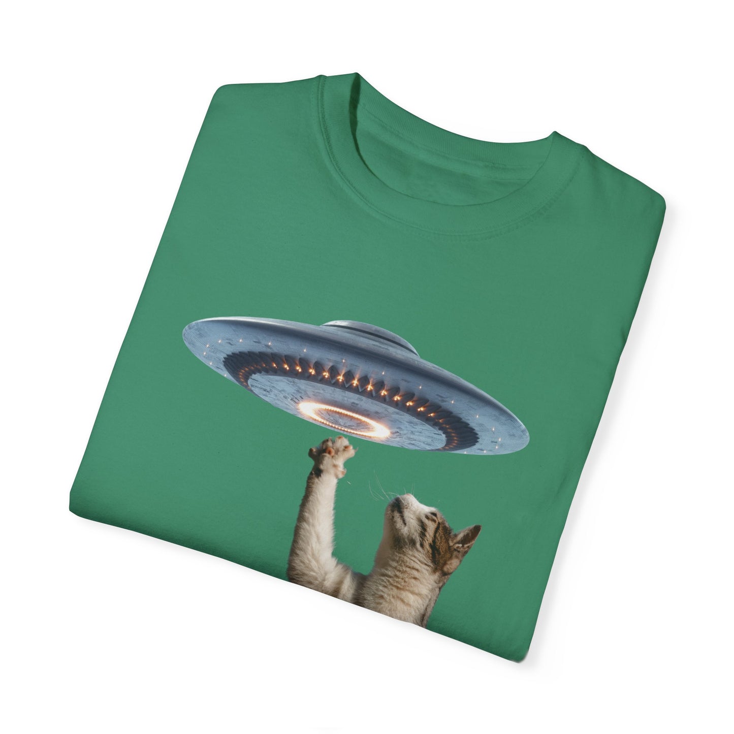 Whimsical Cat UFO Unisex T-Shirt, Playful Tee for Cat Lovers, Fun Gift for Pet Owners, Quirky Graphic T-Shirt, Unique Alien Cat Apparel