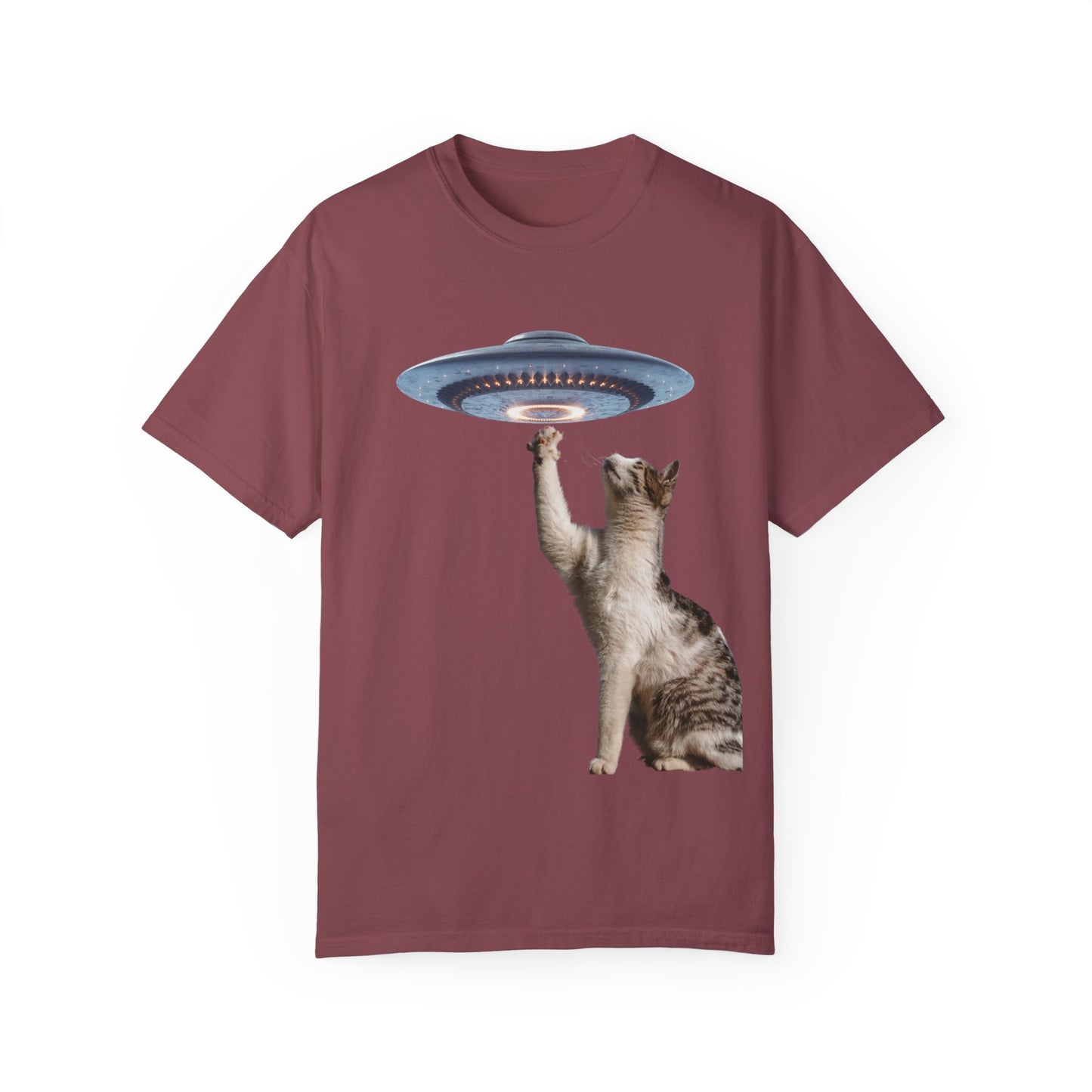 Whimsical Cat UFO Unisex T-Shirt, Playful Tee for Cat Lovers, Fun Gift for Pet Owners, Quirky Graphic T-Shirt, Unique Alien Cat Apparel