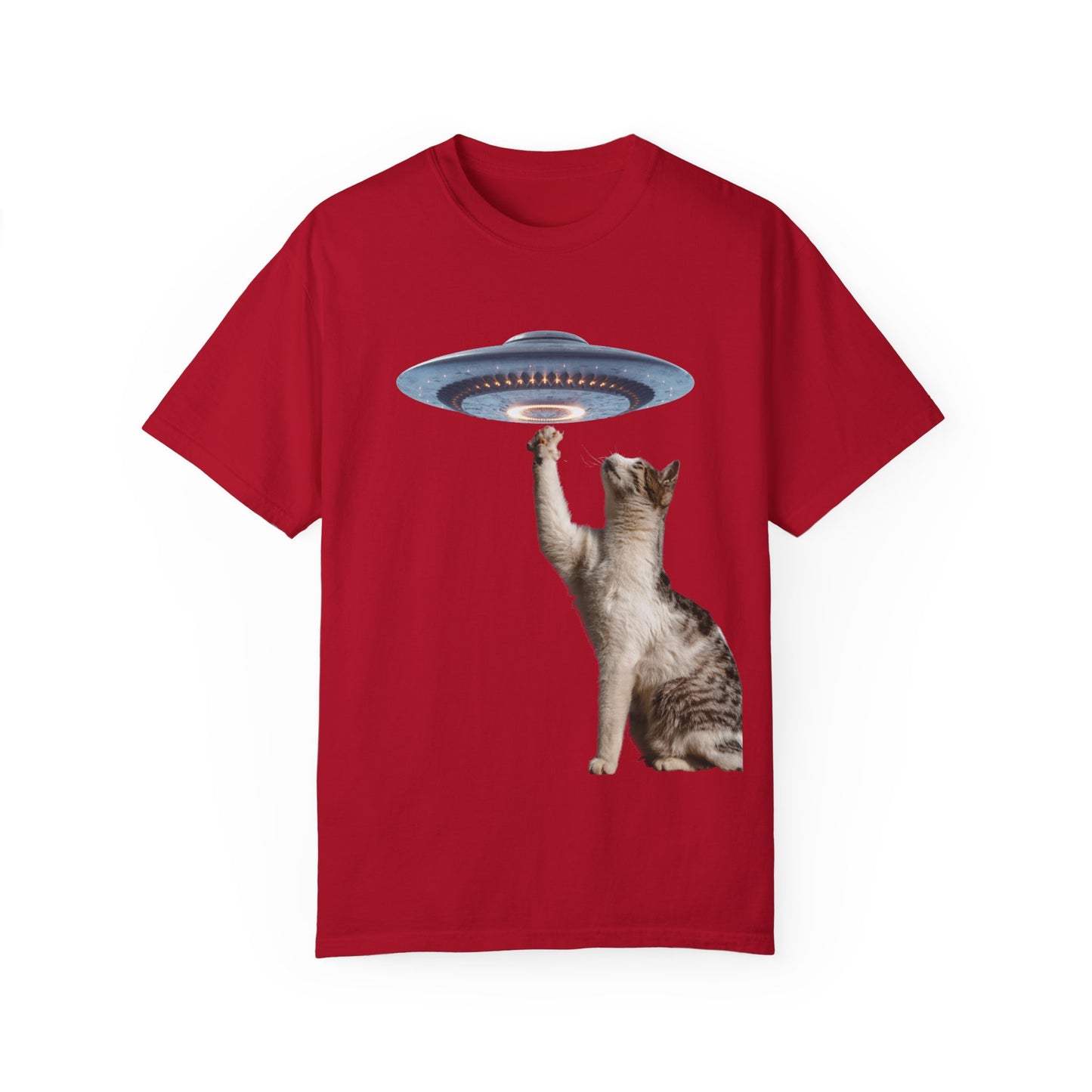 Whimsical Cat UFO Unisex T-Shirt, Playful Tee for Cat Lovers, Fun Gift for Pet Owners, Quirky Graphic T-Shirt, Unique Alien Cat Apparel