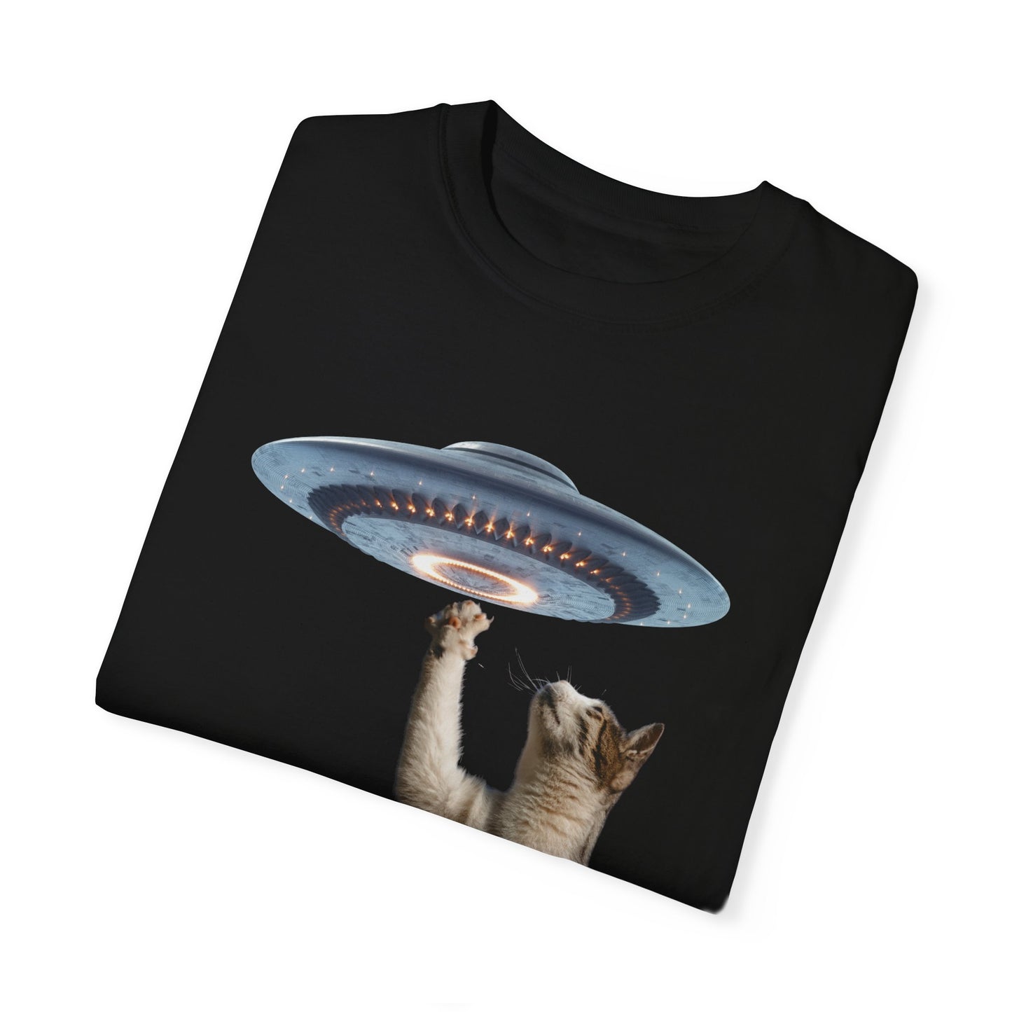 Whimsical Cat UFO Unisex T-Shirt, Playful Tee for Cat Lovers, Fun Gift for Pet Owners, Quirky Graphic T-Shirt, Unique Alien Cat Apparel