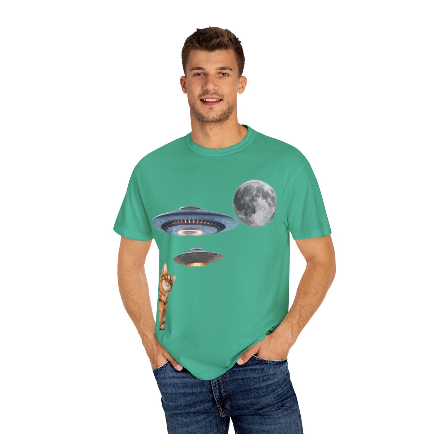 Whimsical Cat & UFO T-Shirt, Fun Unisex Tee for Cat Lovers, Space Enthusiasts, Gift for Birthdays, Halloween, and Pet Parties