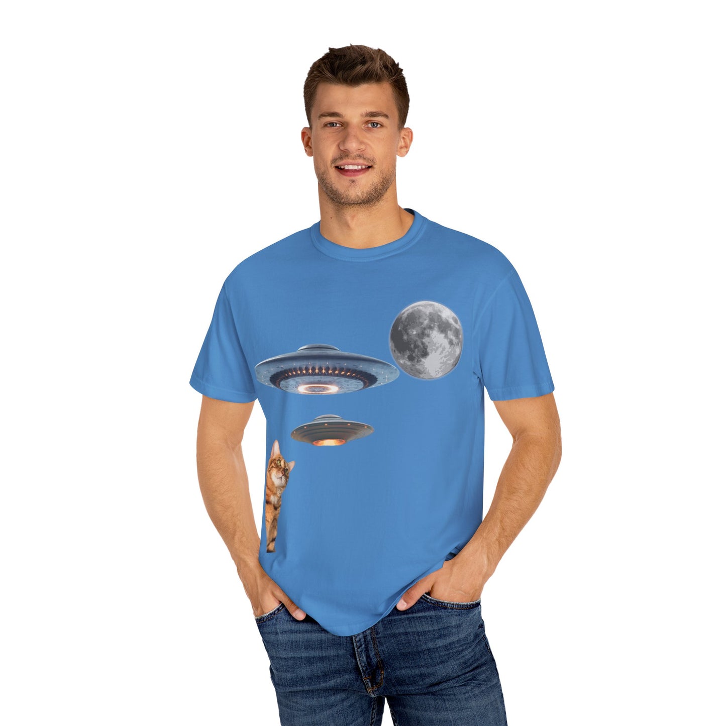 Whimsical Cat & UFO T-Shirt, Fun Unisex Tee for Cat Lovers, Space Enthusiasts, Gift for Birthdays, Halloween, and Pet Parties