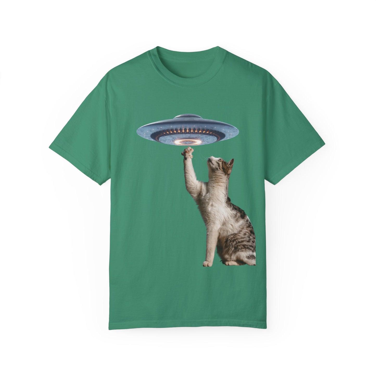 Whimsical Cat UFO Unisex T-Shirt, Playful Tee for Cat Lovers, Fun Gift for Pet Owners, Quirky Graphic T-Shirt, Unique Alien Cat Apparel