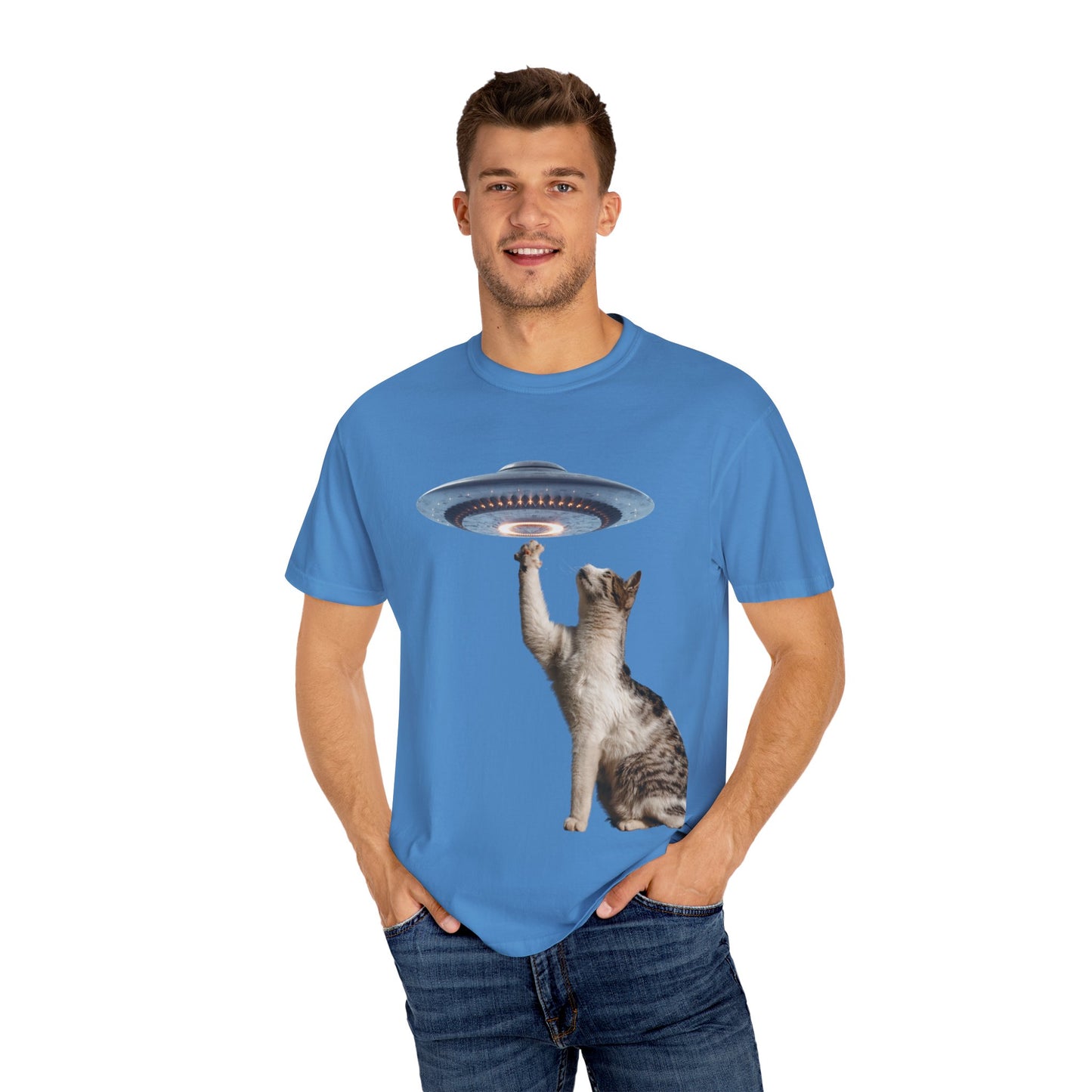 Whimsical Cat UFO Unisex T-Shirt, Playful Tee for Cat Lovers, Fun Gift for Pet Owners, Quirky Graphic T-Shirt, Unique Alien Cat Apparel