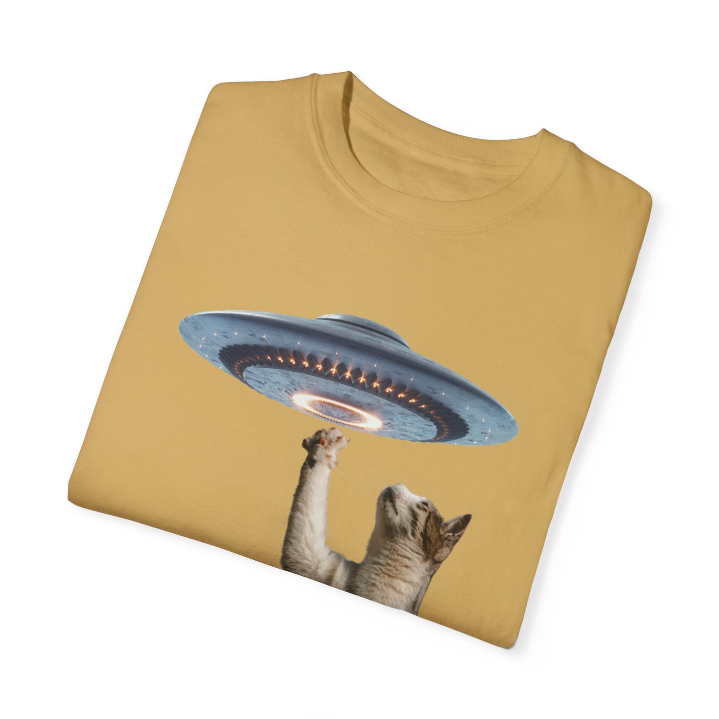 Whimsical Cat UFO Unisex T-Shirt, Playful Tee for Cat Lovers, Fun Gift for Pet Owners, Quirky Graphic T-Shirt, Unique Alien Cat Apparel