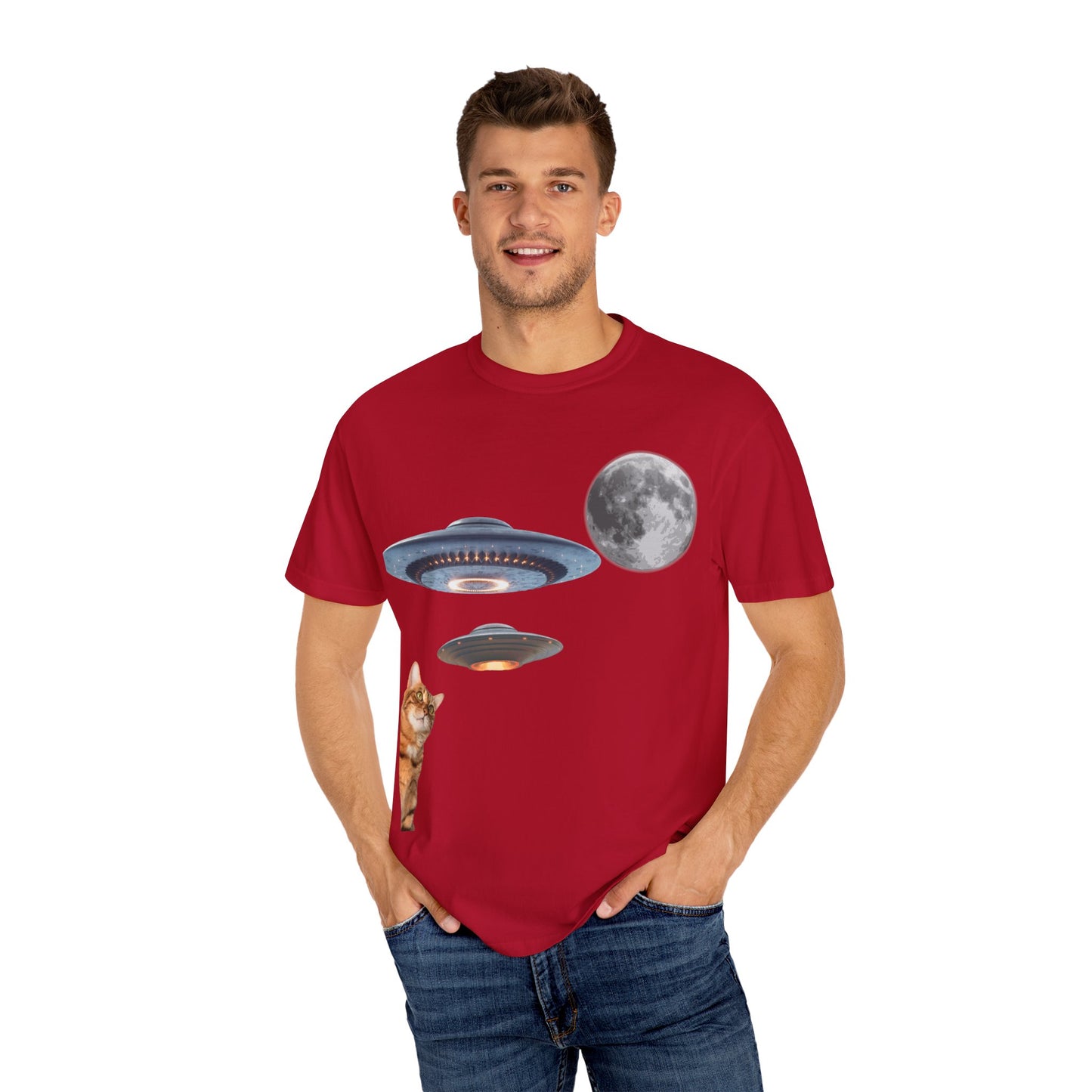 Whimsical Cat & UFO T-Shirt, Fun Unisex Tee for Cat Lovers, Space Enthusiasts, Gift for Birthdays, Halloween, and Pet Parties