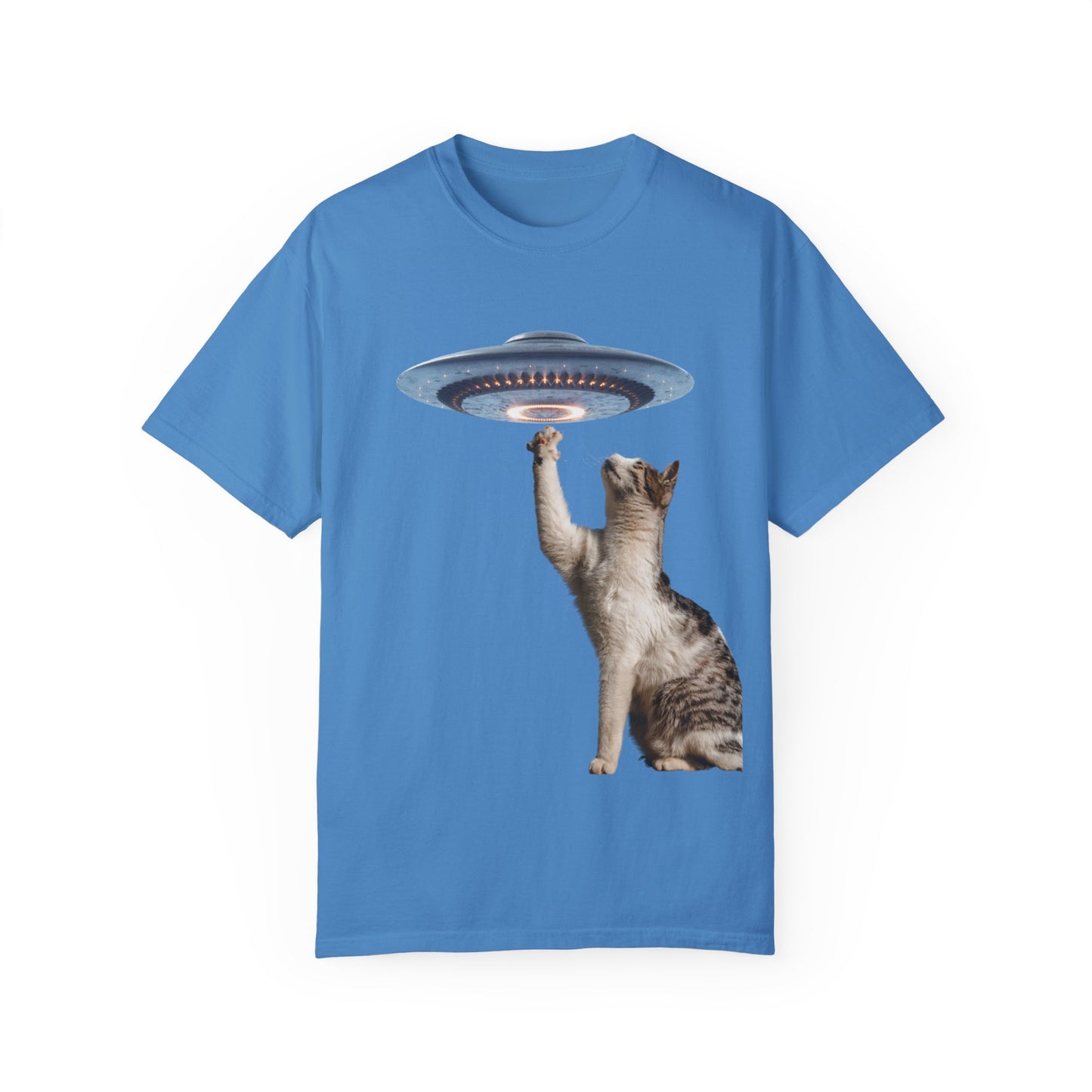 Whimsical Cat UFO Unisex T-Shirt, Playful Tee for Cat Lovers, Fun Gift for Pet Owners, Quirky Graphic T-Shirt, Unique Alien Cat Apparel