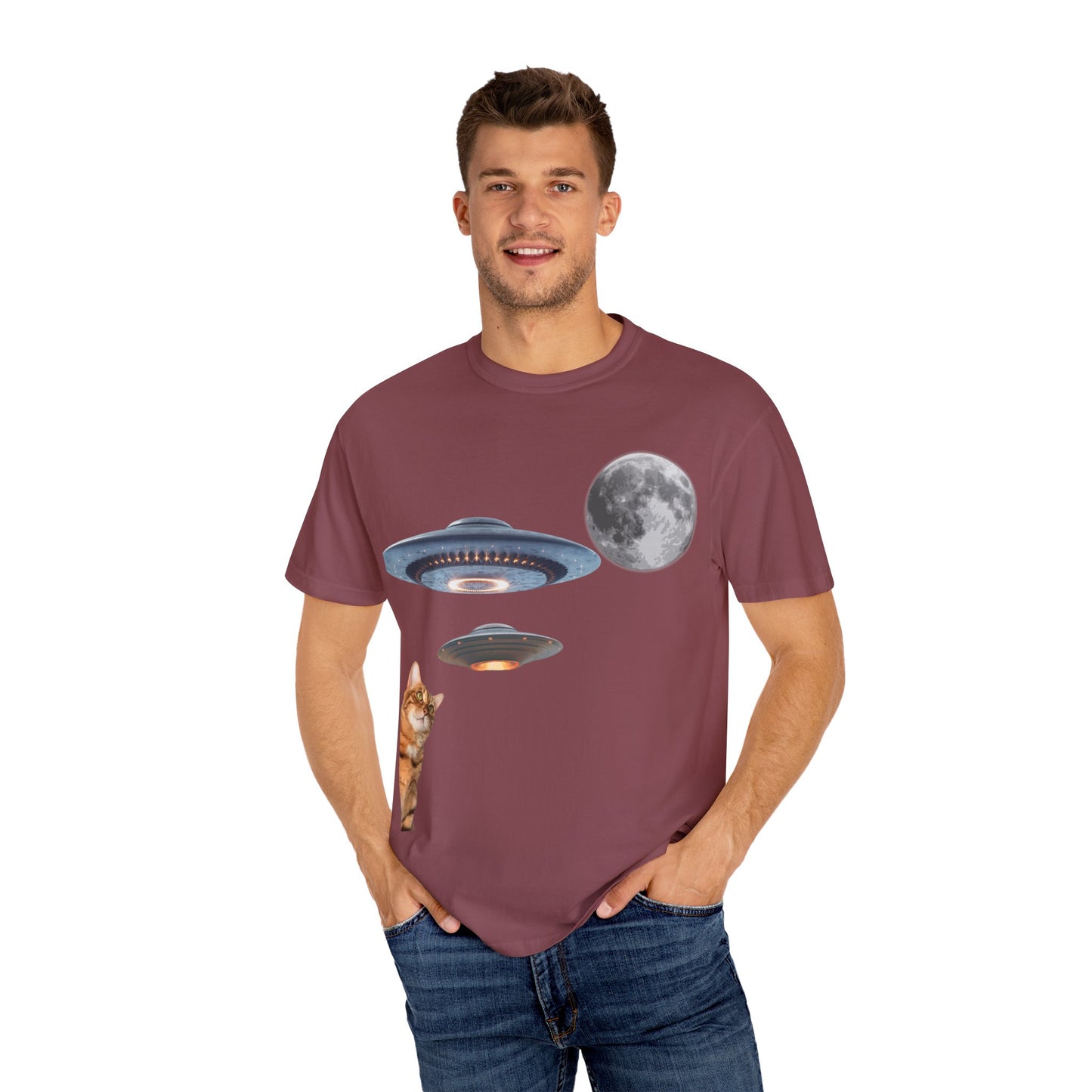 Whimsical Cat & UFO T-Shirt, Fun Unisex Tee for Cat Lovers, Space Enthusiasts, Gift for Birthdays, Halloween, and Pet Parties