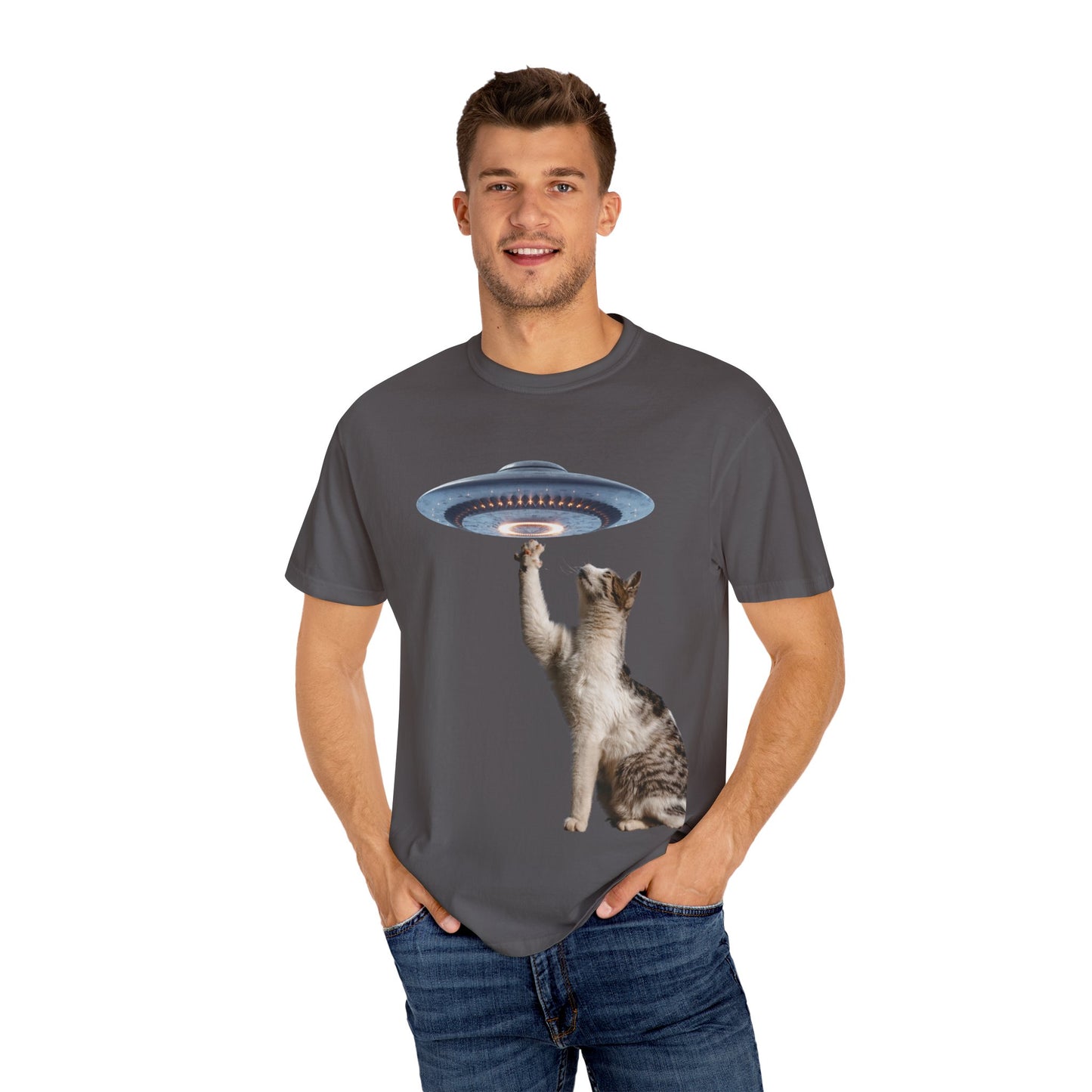 Whimsical Cat UFO Unisex T-Shirt, Playful Tee for Cat Lovers, Fun Gift for Pet Owners, Quirky Graphic T-Shirt, Unique Alien Cat Apparel