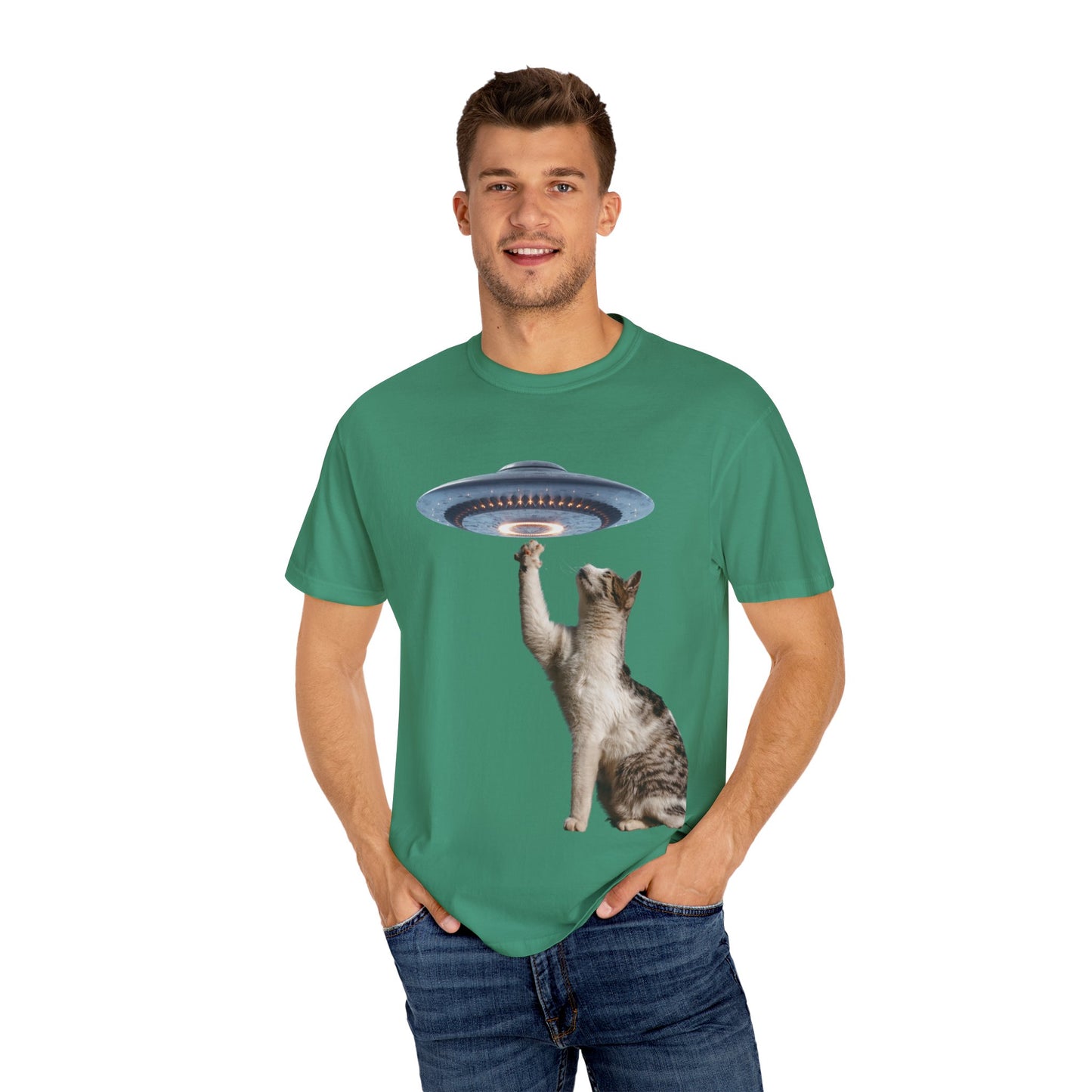 Whimsical Cat UFO Unisex T-Shirt, Playful Tee for Cat Lovers, Fun Gift for Pet Owners, Quirky Graphic T-Shirt, Unique Alien Cat Apparel