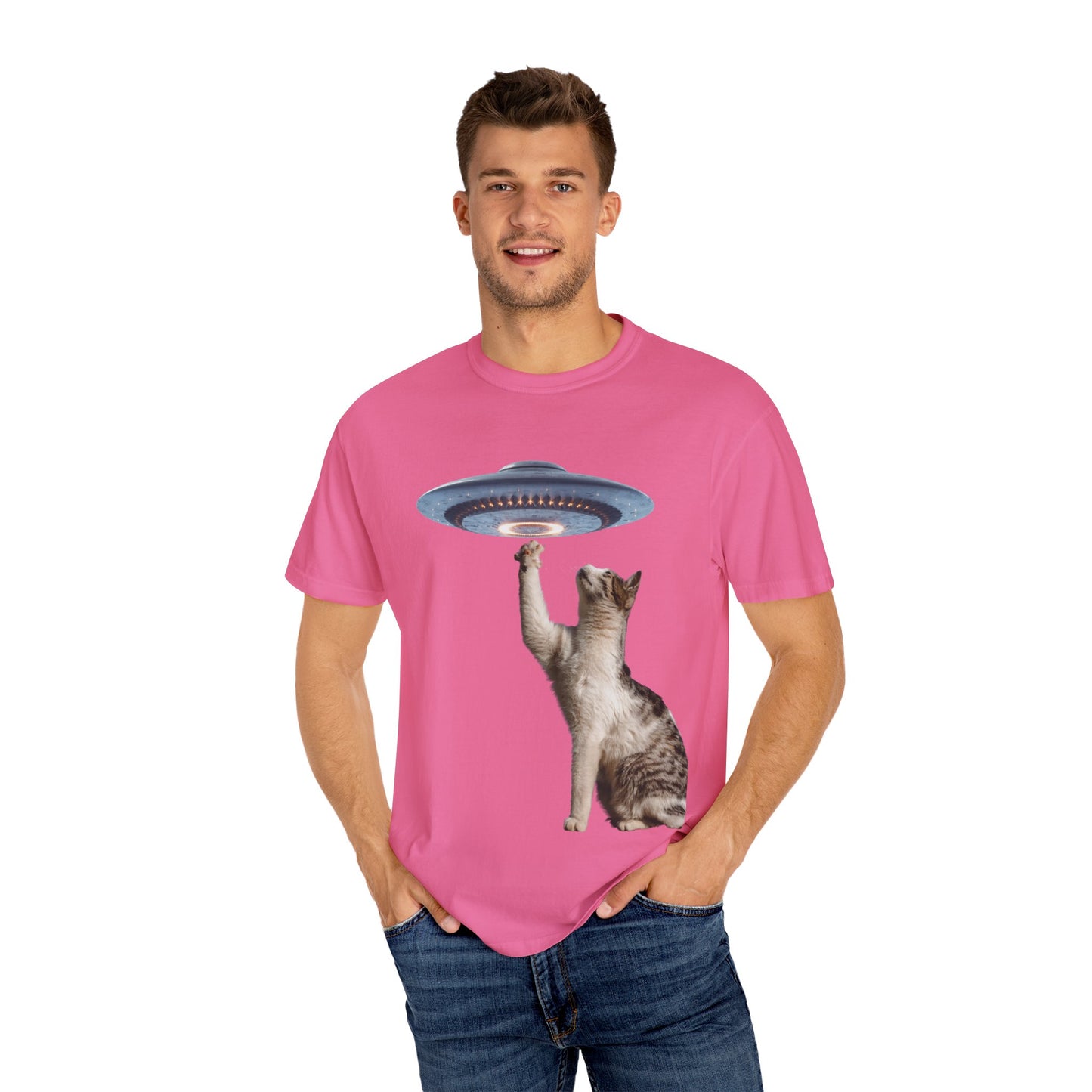 Whimsical Cat UFO Unisex T-Shirt, Playful Tee for Cat Lovers, Fun Gift for Pet Owners, Quirky Graphic T-Shirt, Unique Alien Cat Apparel