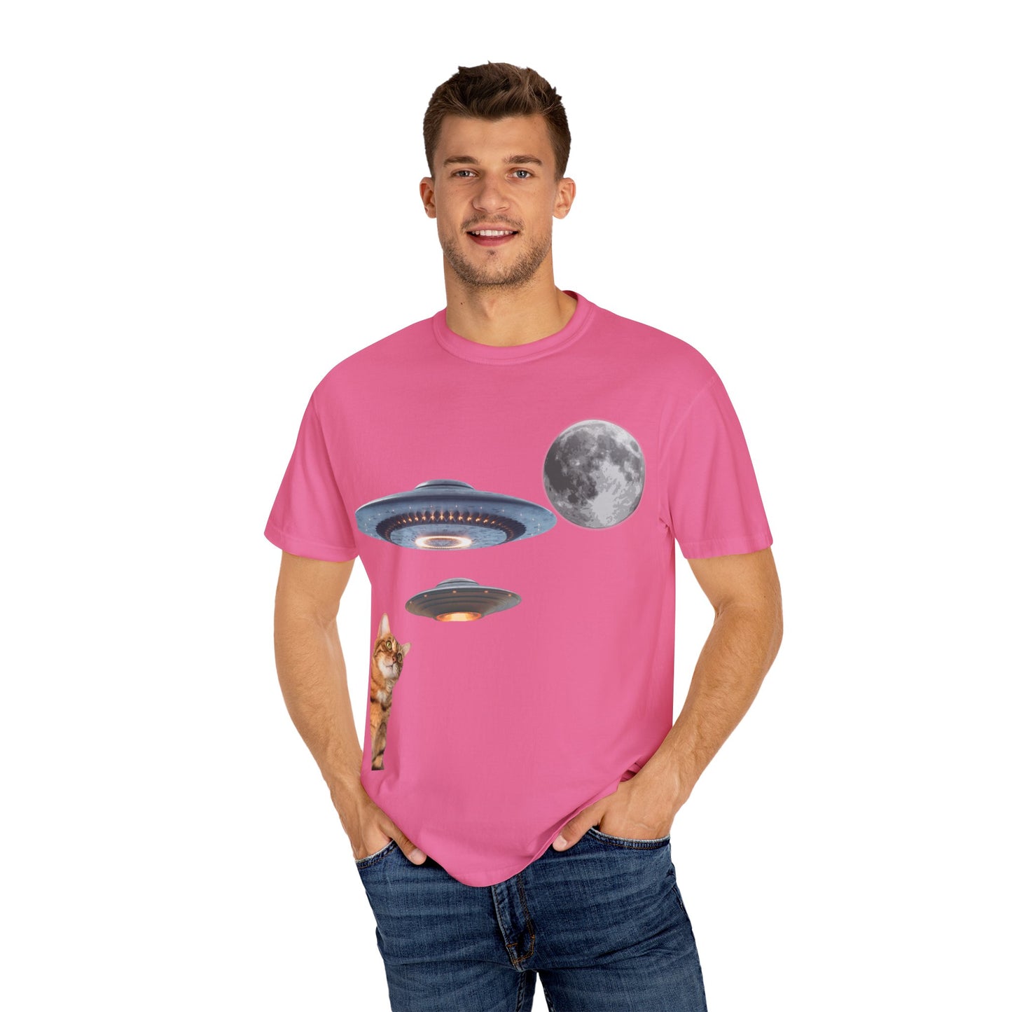 Whimsical Cat & UFO T-Shirt, Fun Unisex Tee for Cat Lovers, Space Enthusiasts, Gift for Birthdays, Halloween, and Pet Parties