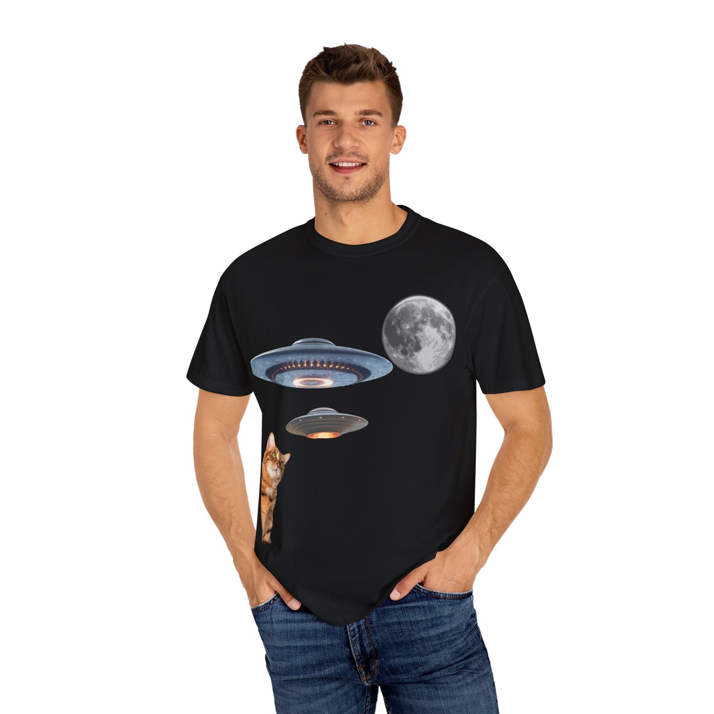 Whimsical Cat & UFO T-Shirt, Fun Unisex Tee for Cat Lovers, Space Enthusiasts, Gift for Birthdays, Halloween, and Pet Parties