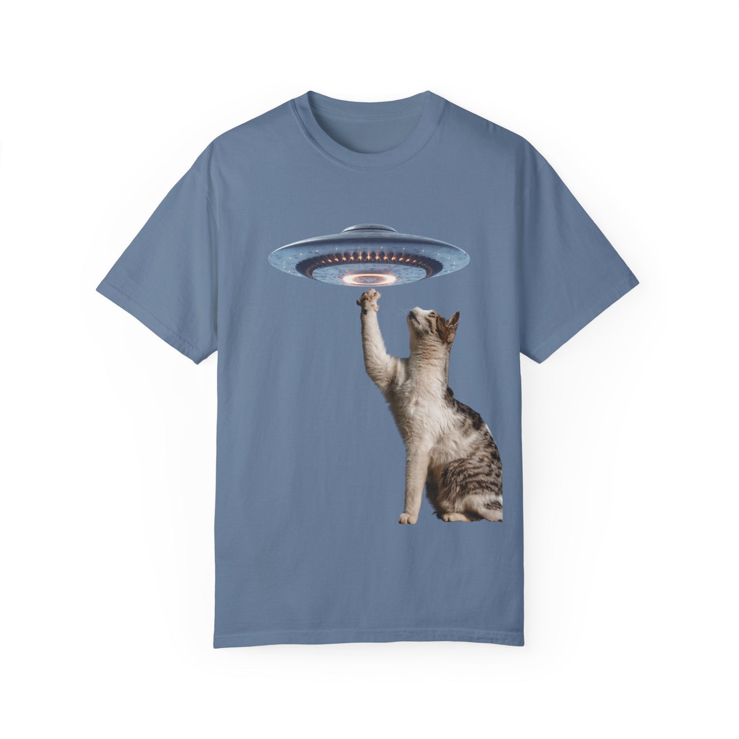 Whimsical Cat UFO Unisex T-Shirt, Playful Tee for Cat Lovers, Fun Gift for Pet Owners, Quirky Graphic T-Shirt, Unique Alien Cat Apparel