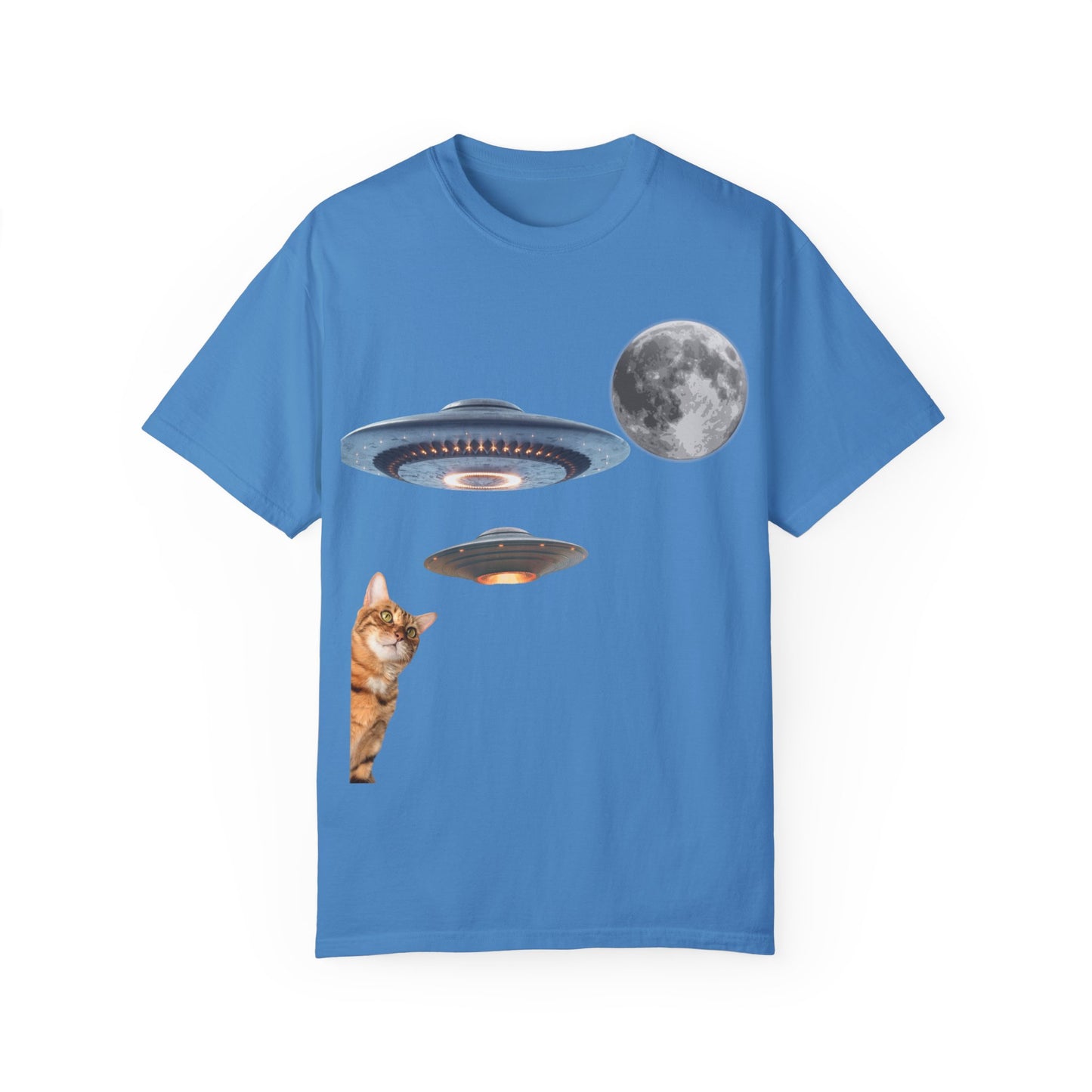 Whimsical Cat & UFO T-Shirt, Fun Unisex Tee for Cat Lovers, Space Enthusiasts, Gift for Birthdays, Halloween, and Pet Parties