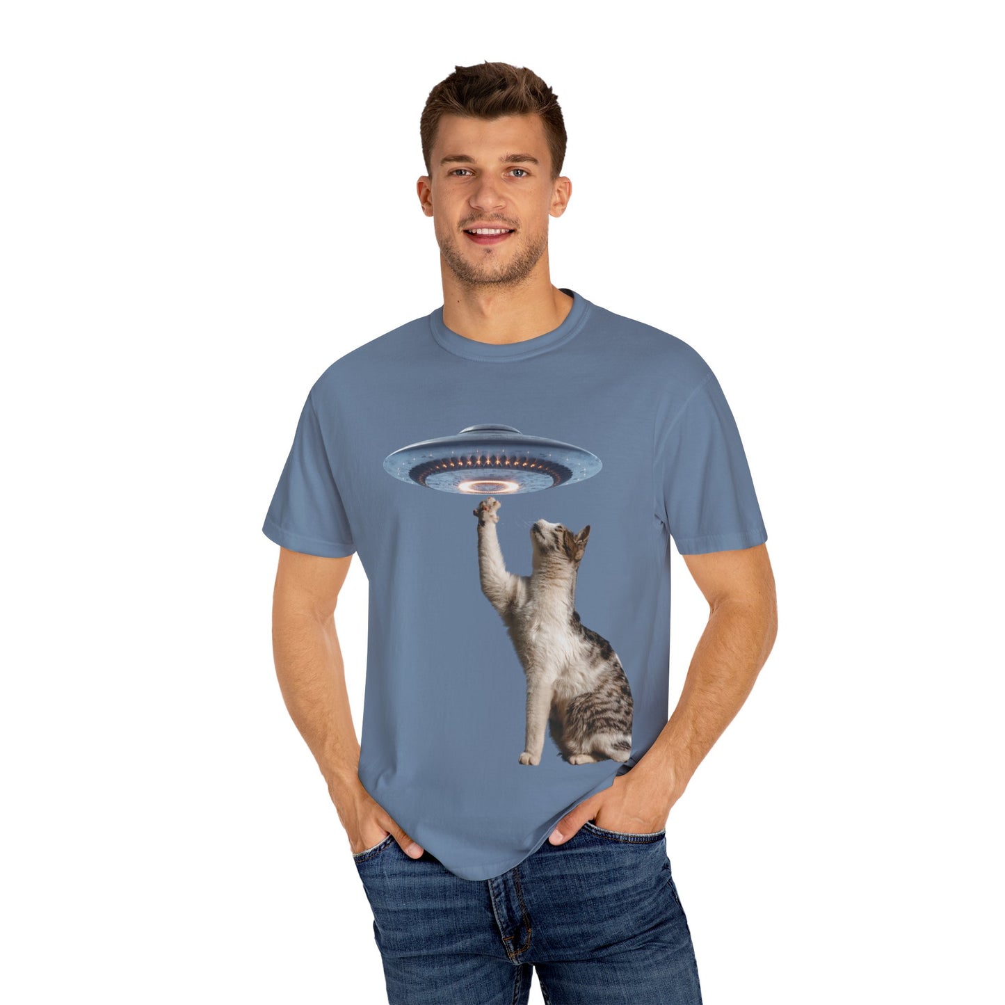 Whimsical Cat UFO Unisex T-Shirt, Playful Tee for Cat Lovers, Fun Gift for Pet Owners, Quirky Graphic T-Shirt, Unique Alien Cat Apparel