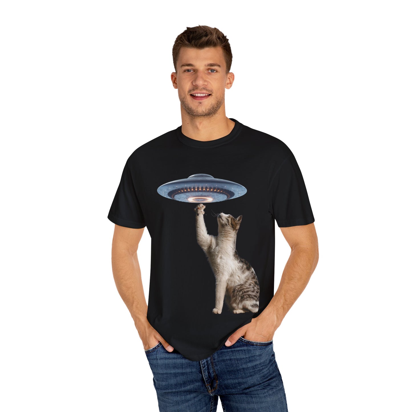 Whimsical Cat UFO Unisex T-Shirt, Playful Tee for Cat Lovers, Fun Gift for Pet Owners, Quirky Graphic T-Shirt, Unique Alien Cat Apparel