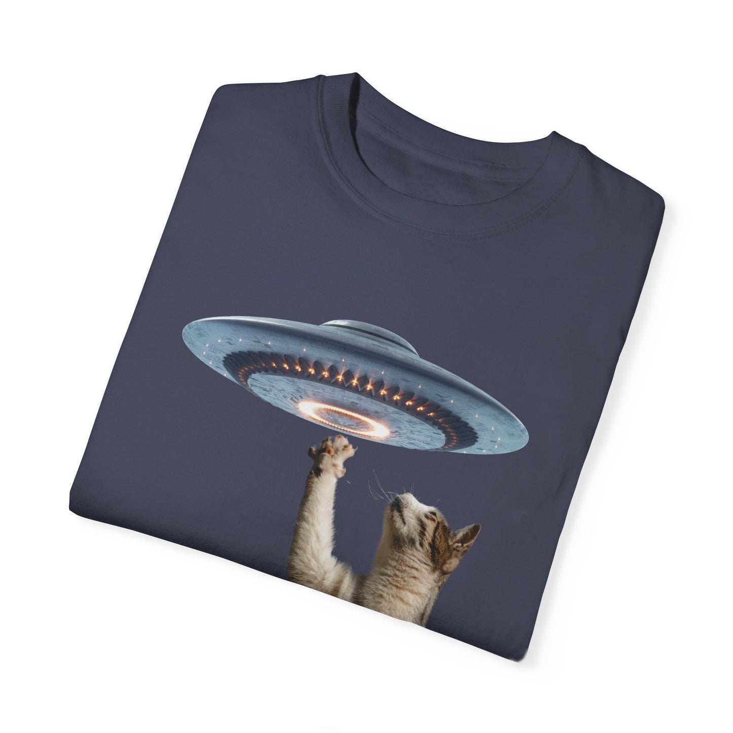 Whimsical Cat UFO Unisex T-Shirt, Playful Tee for Cat Lovers, Fun Gift for Pet Owners, Quirky Graphic T-Shirt, Unique Alien Cat Apparel