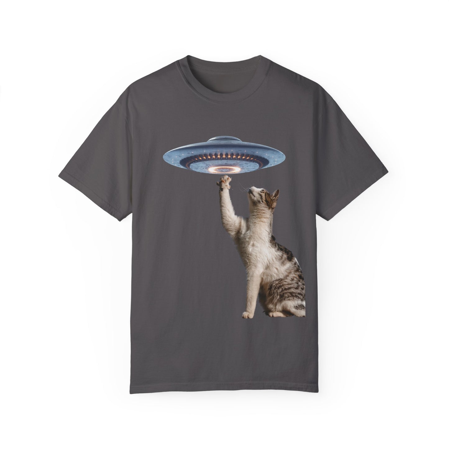 Whimsical Cat UFO Unisex T-Shirt, Playful Tee for Cat Lovers, Fun Gift for Pet Owners, Quirky Graphic T-Shirt, Unique Alien Cat Apparel