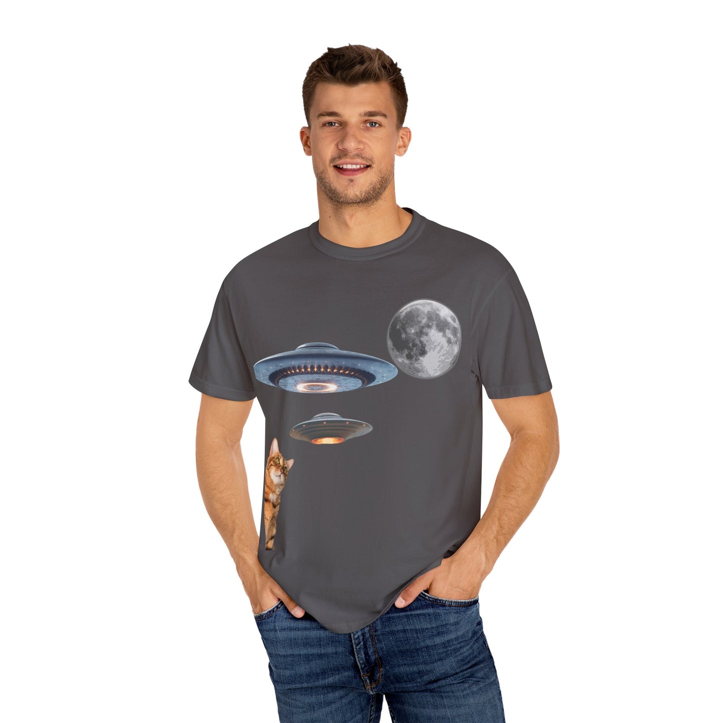 Whimsical Cat & UFO T-Shirt, Fun Unisex Tee for Cat Lovers, Space Enthusiasts, Gift for Birthdays, Halloween, and Pet Parties