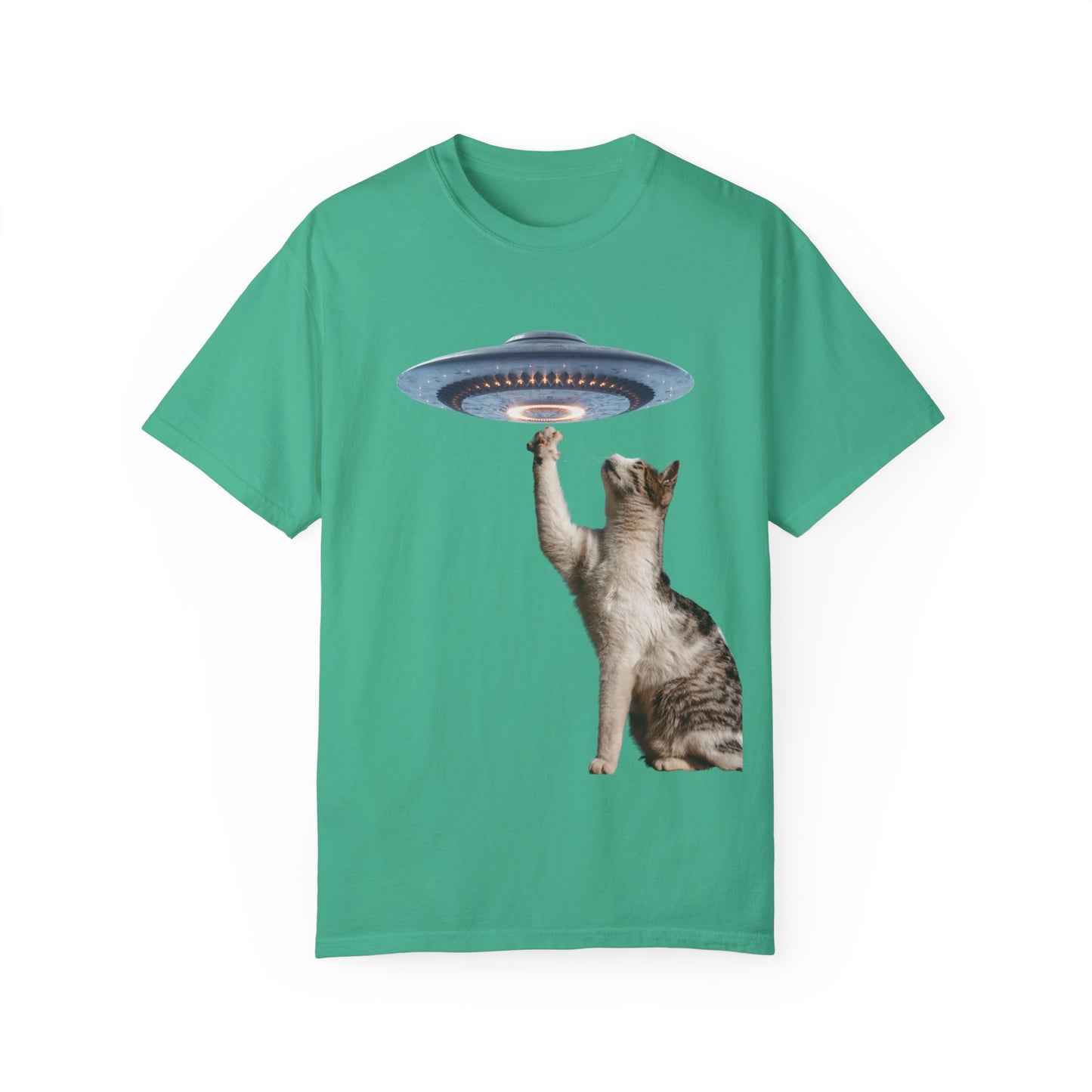 Whimsical Cat UFO Unisex T-Shirt, Playful Tee for Cat Lovers, Fun Gift for Pet Owners, Quirky Graphic T-Shirt, Unique Alien Cat Apparel