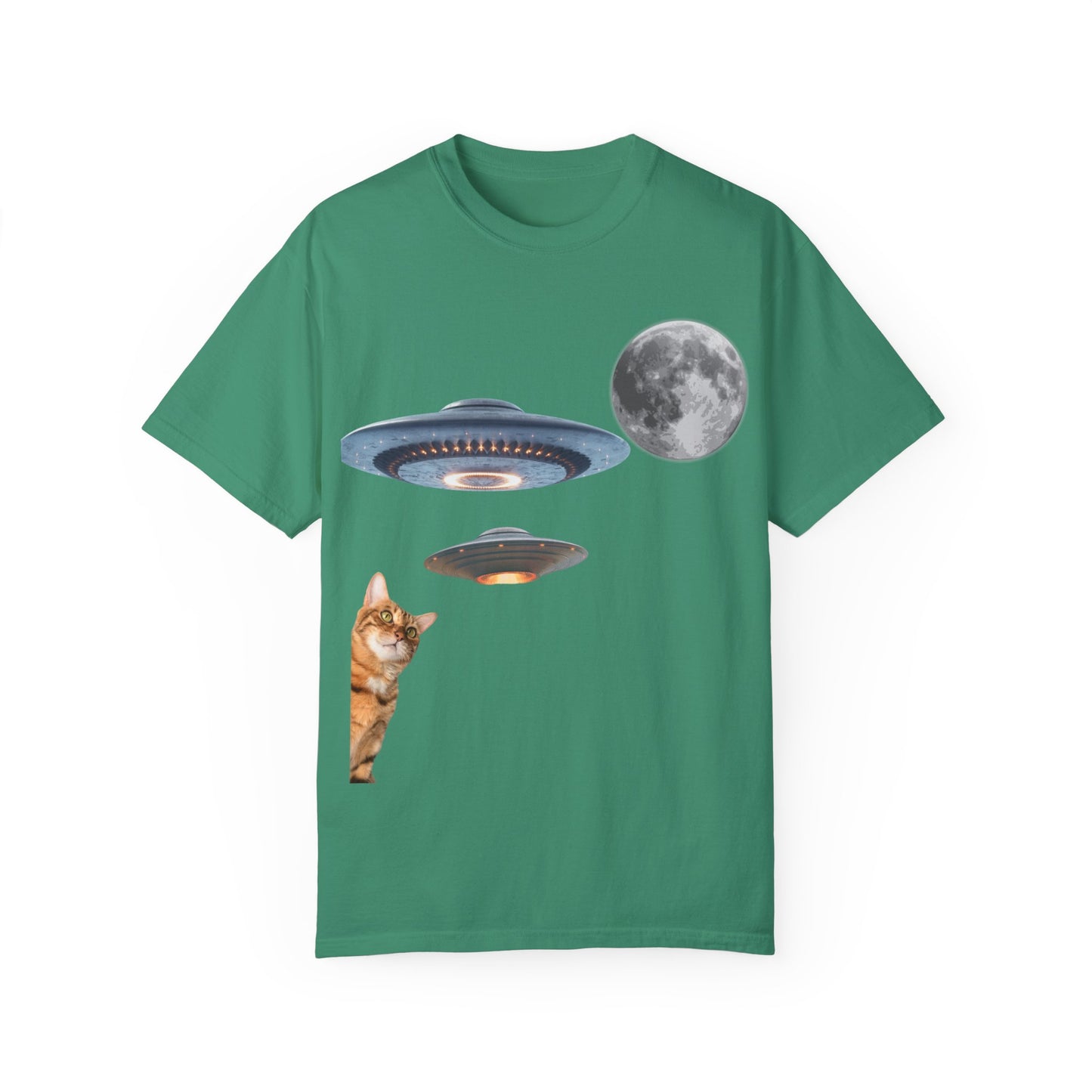 Whimsical Cat & UFO T-Shirt, Fun Unisex Tee for Cat Lovers, Space Enthusiasts, Gift for Birthdays, Halloween, and Pet Parties