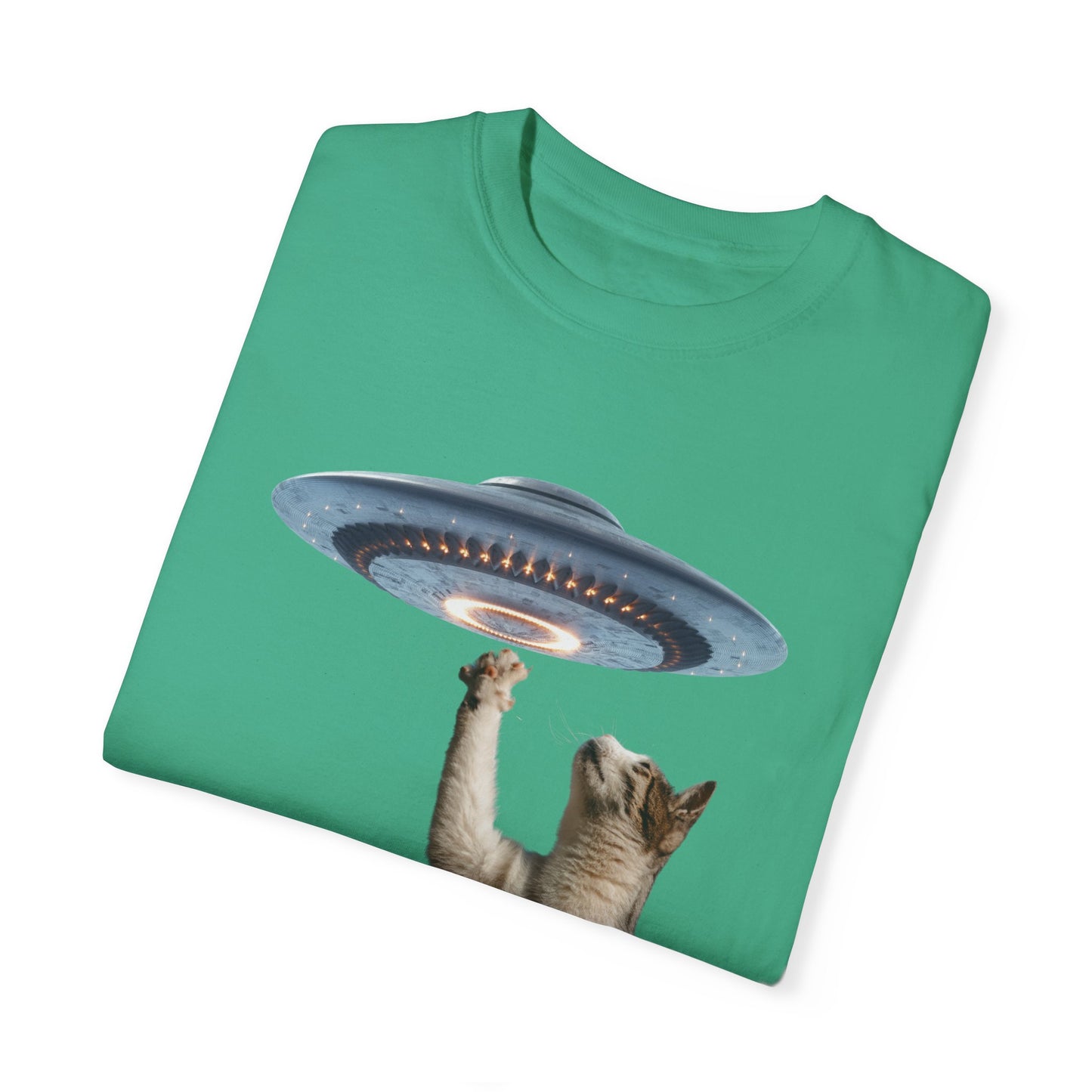 Whimsical Cat UFO Unisex T-Shirt, Playful Tee for Cat Lovers, Fun Gift for Pet Owners, Quirky Graphic T-Shirt, Unique Alien Cat Apparel