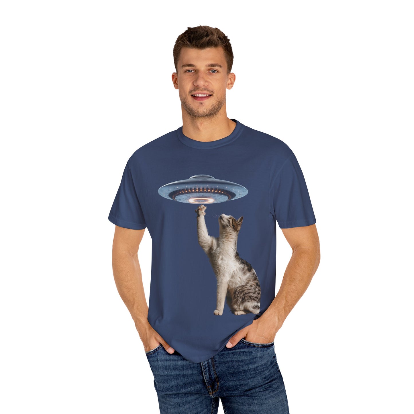 Whimsical Cat UFO Unisex T-Shirt, Playful Tee for Cat Lovers, Fun Gift for Pet Owners, Quirky Graphic T-Shirt, Unique Alien Cat Apparel