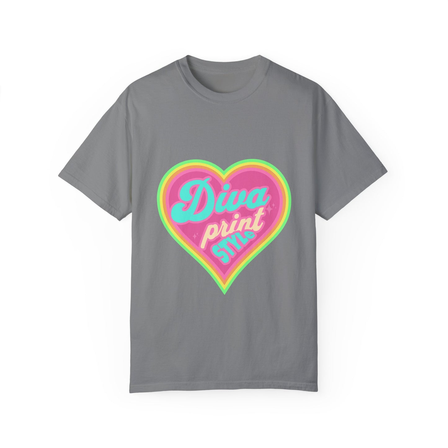 Diva Print Heart T-Shirt, Colorful Graphic Tee, Gift for Women, Trendy Summer Wear, Fashionable Unisex Apparel